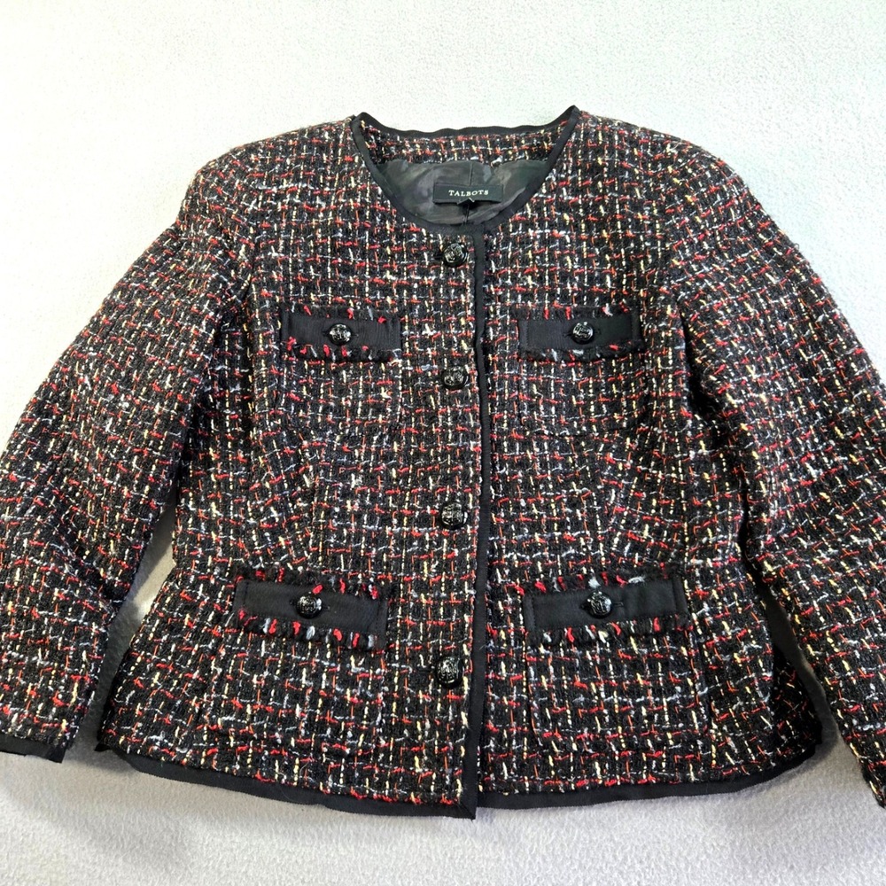 Talbots Tweed Jacket Womens 8 Black Multi Wool Blend Boucle Crest Button Blazer